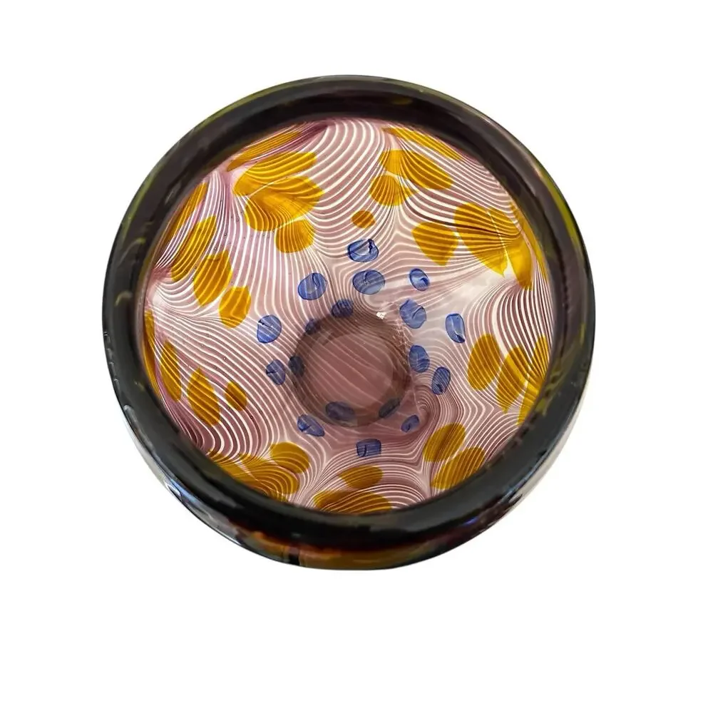 Heavy Handmade Art Glass Vase Green Dots Purple Swirls & Yellow 7.5” x 7”